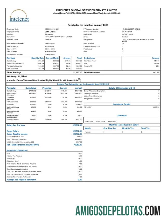 INDIA INTELENET Global Services Limited comprovante de pagamento em formatos Word e PDF baixar para verificação